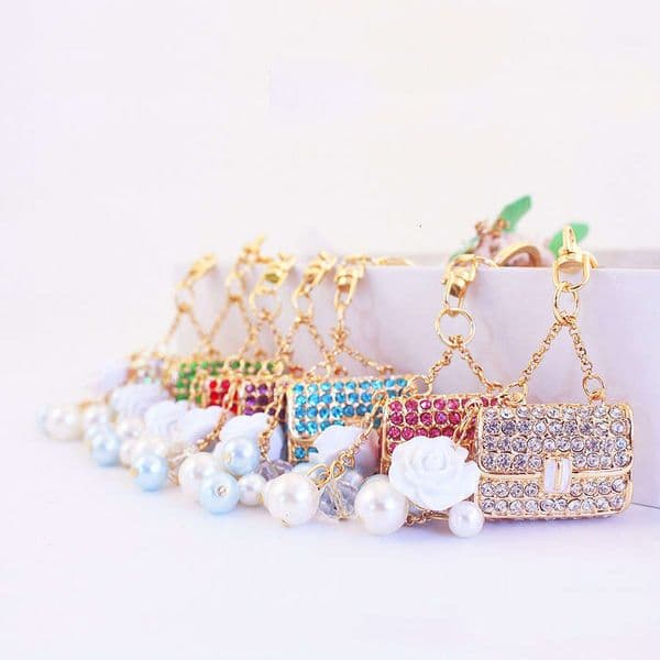 Keychain for Women Camellia Flower Rhinestone Cute Metal Ornament Bag Pendant Car Interior Decoration Crafts
