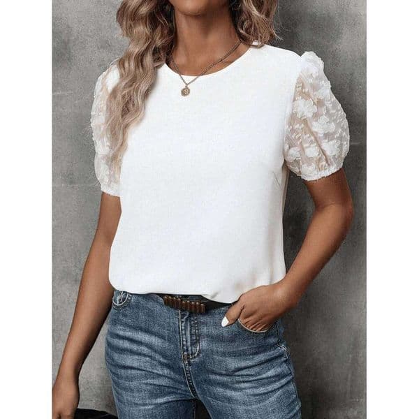 Women's casual crew-neck lace short-sleeved pullover shirt
