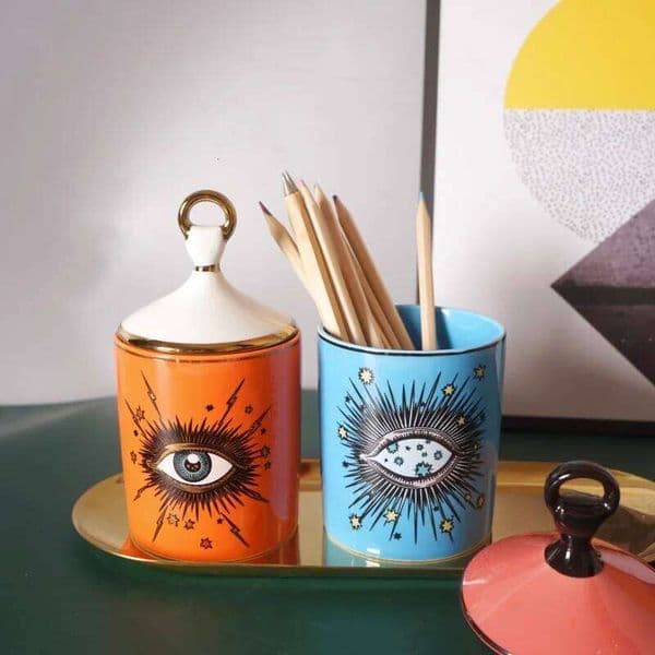 2026 New European Ceramic Candy Creative Eye Jewelry Scented Cotton Swab Box Home Desktop Decor Pen Holder Candle Jar Free Shipping