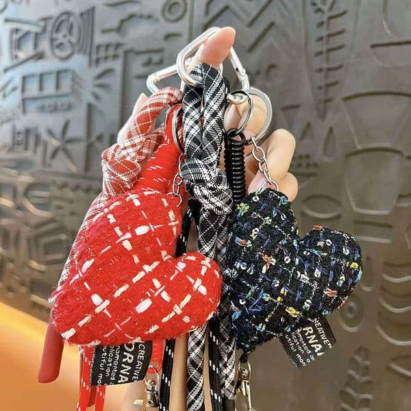 Fashion Tweed Heart Bag Charm Keychain Plaid Strap Pendant Accessory Gift For Women & Decoration