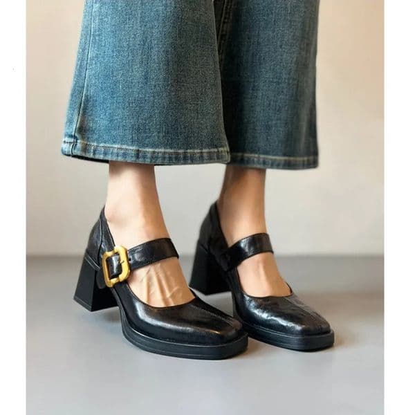 2026 New Sheepskin Retro High Mary Jane One Strap Square Toe Single Waterproof Platform Chunky Heel Shallow Mouth Women's Shoes ddmythur