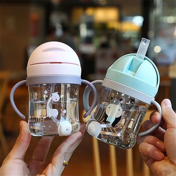 250ML Cartoon Pattern Outdoor Child Drinking Bottle with Straw Baby Feeding Cup for Kids Training Portable Handle Water 260106