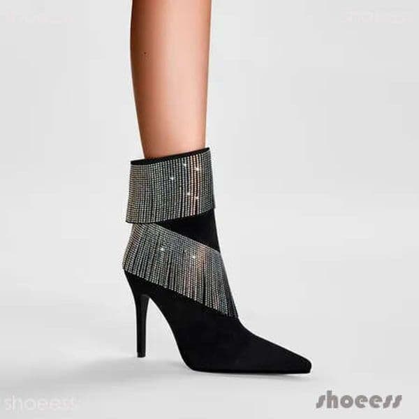 boots boots designer womens women Handmade Suede Fringe Ankle - 10cm Stiletto Western Black Rhinestone Cowboy Boots