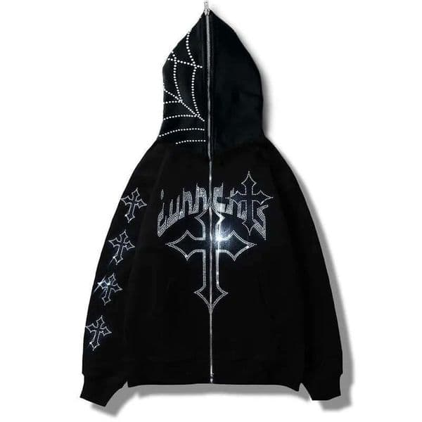 Foreign Trade Y K European And American Cross Border Personality Rhinestone Printed Sweatshirt Cardigan Street Fashion Casual Hip Hop Zipper Jacket
