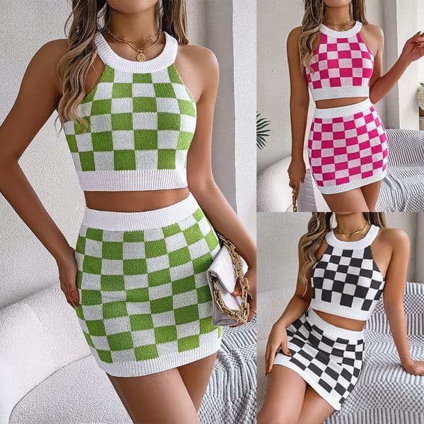 Luxury Brand Designer Clothes 2025 Spring Summer European And American Style Color-Block Plaid Crop Top And Bodycon Skirt Knitted Set Women's Fashion