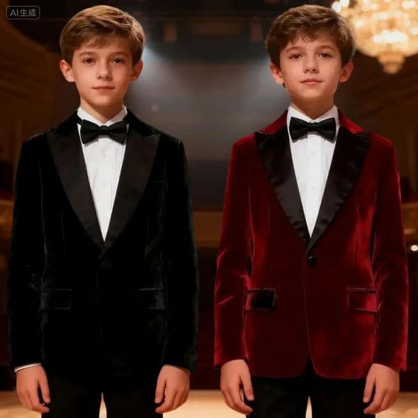 Boys Tuxedo Velvet Blazer Kids Suit Red Christmas Year Party Gift Clothes Fromal Black Xmas Birthday Wedding Outifit 260119