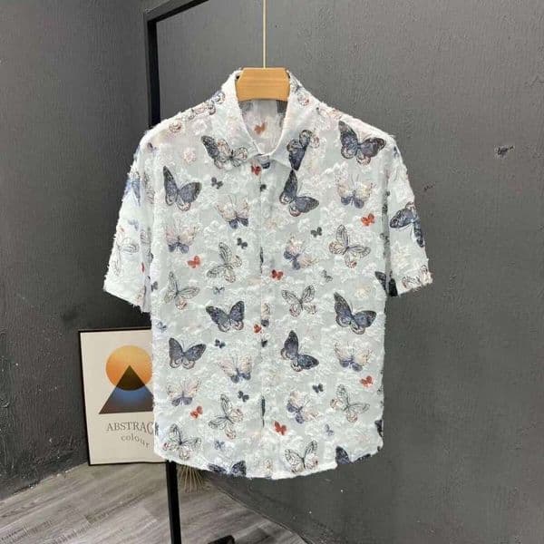 Beach Vacation Style Butterfly Flower Casual Cool Hawaiian Men's Ice Silk Thin Short Sleeve Shirt