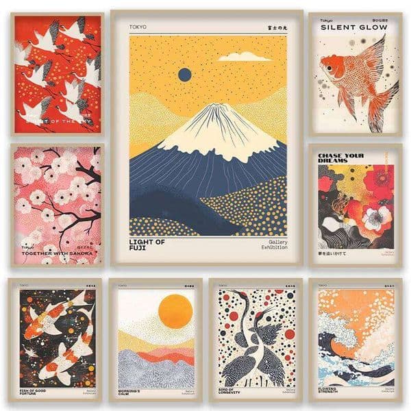 Japanese Ukiyo-e Style Fuji Mountain Cranes Cherry Blossom Elements Canvas Poster Livingroom Art Studio Coffe Shop Decor Unframe 26Y0119