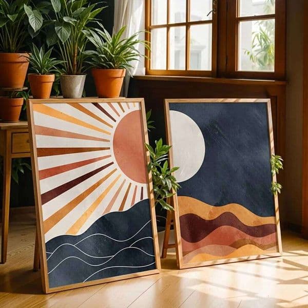 Frameless 2 Pieces of Sun and Moon Bohemian Art Prints, Mid-century Modern Sunset Canvas Posters, Navy Blue Wall Decoration 26Y0119
