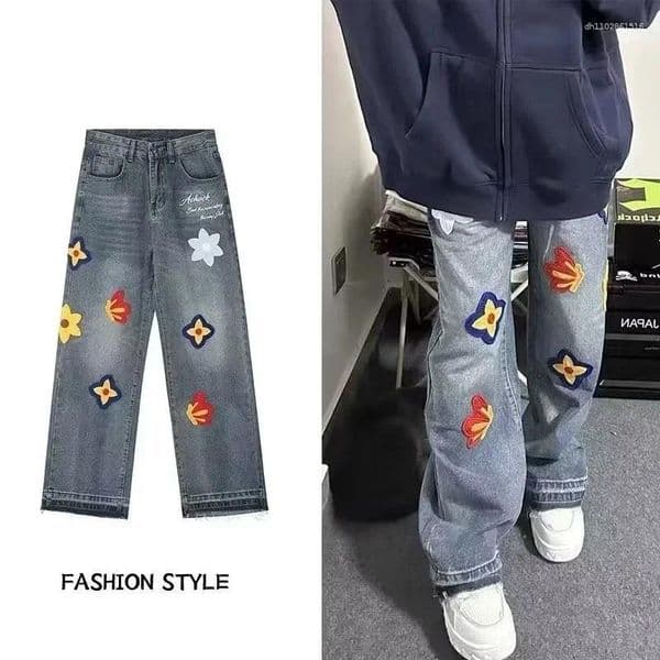 Men's Hoodies Autumn Flower Embroidery Jeans Hip Hop Fashion Baggy Denim Trousers Women's Vintage Streetwear Blue Straight Jean
