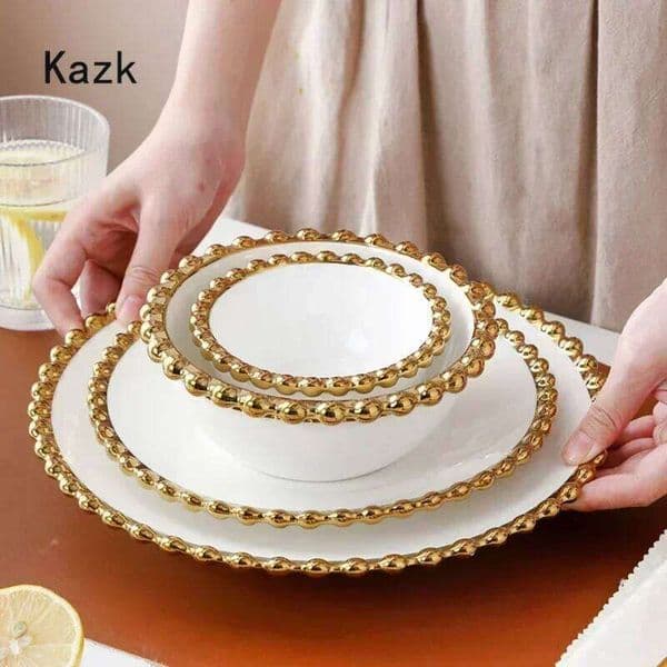 Creative Golden Beaded Side Dinner Plate Nordic Ceramic Plates and Bowls Spaghetti Dishes Dessert Salad Dish Western Tableware 26H0119