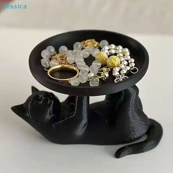 Black Cat Figurine Jewelry Dish | Cute Animal Decorative Tray for Rings, Necklaces & Small Accessories 26H0119