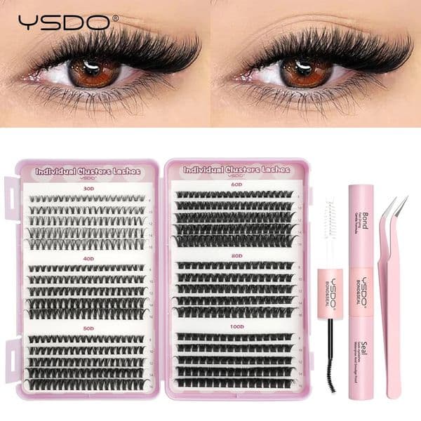 Lash Extension Kit Lash Clusters Kit 14/32 Rows Thick Eyelash Clusters D Curl Lash Bond and Seal Makeup Eyelashes Extension Tool 260119