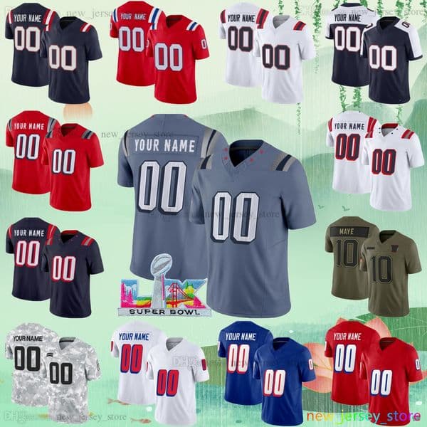 Custom S-6XL 2026 SuperBowl Football Jersey 10 Drake Maye 0 Christian Gonzalez 8 Stefon Diggs 12 Tom Brady 97 Milton Williams 86 Efton Chism III 54 Tedy Bruschi Jerseys
