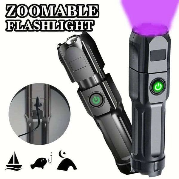 White and UV Flashlight Dual Types USB Rechargeable Mini Tactical Torch Zoomable Portable Outdoor Emergency Light Camping Gear X260120