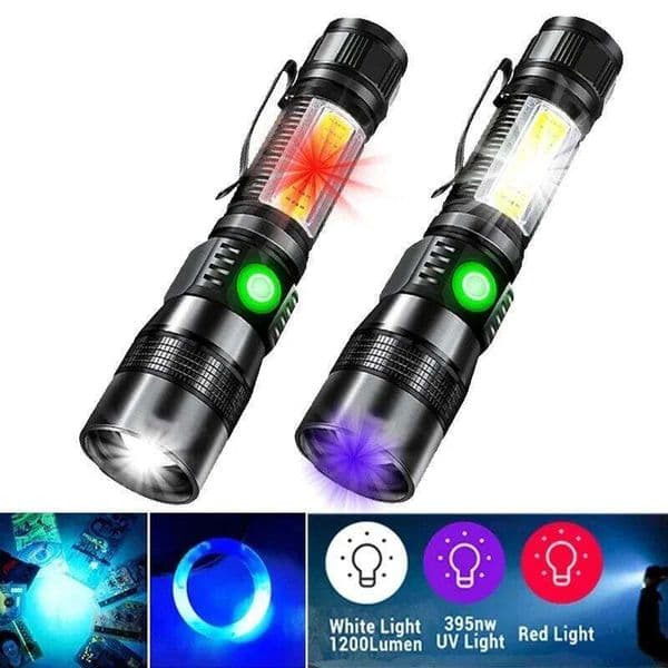 3 In 1 UV 365nm Flashlight Purple+White+RED Rechargeable Torch LED Zoom Waterproof Camping Light 7 Modes Pocket Clip Magnet Lamp X260120