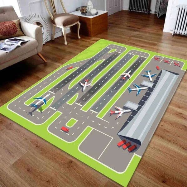 Airport Runway Carpet Rug Aeroplane Theme Home Decoration Non-slip Educational Kids Activity Play Mat with Terminal Design X260120
