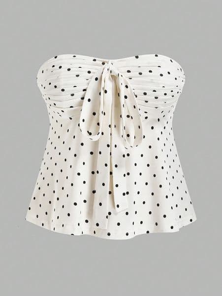 Plus Size Womens Summer Sleeveless Tube Retro Romantic Polka Dot Bow Tie Bandeau Blouse Polyester 260119