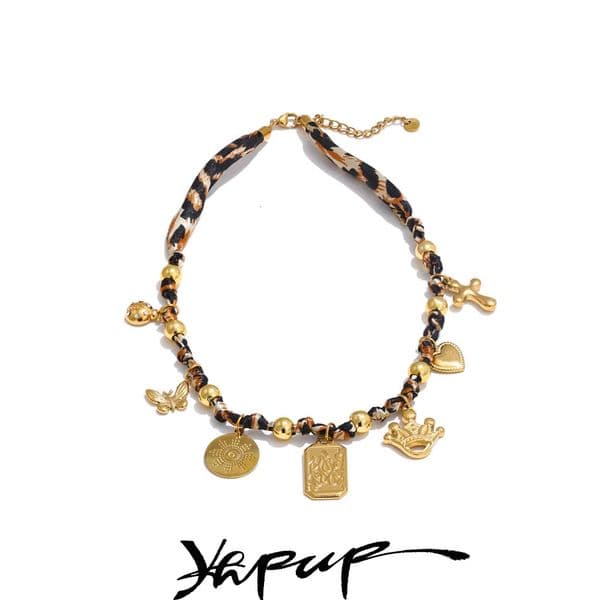Yhpup Leopard Print Handmade Charm Necklace Gold PVD Plated Stainless Steel Accessories Butterfly Heart Cross Fashion Jewelry 260114