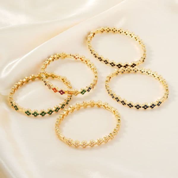 Brass Gold Plated CZ Flower Bracelet Bangle Jewelry Four-leaf Clover for Women&Girl Wedding Mother' Day Jewelry Women YWN0022A