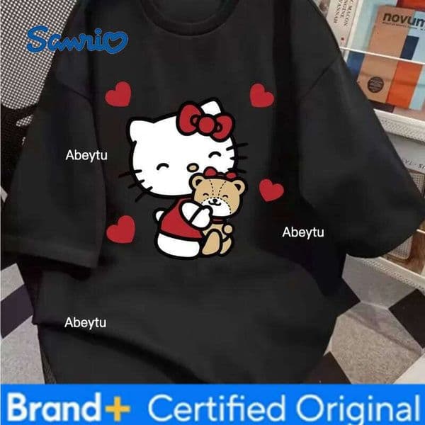 Sanrio 2021 Summer New Women's Cute Hello Kitty Plus Size Fashion Casual Loose Y2K Cotton T-shirt Round Neck Short Sleeve Top H260120