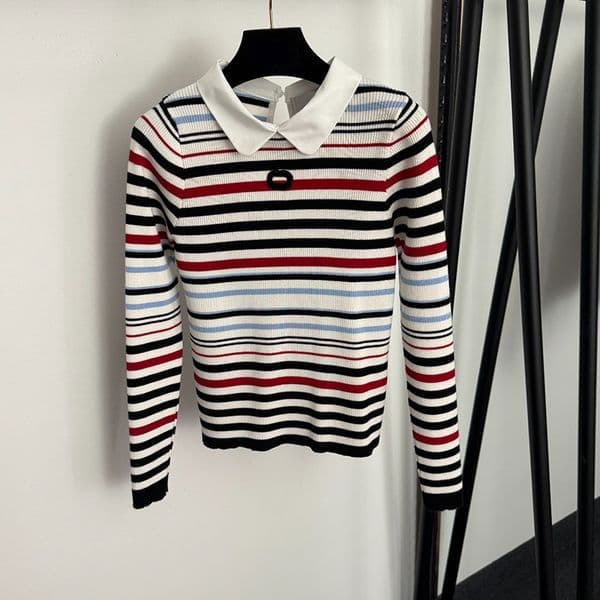 Multicolored Striped Knit Tops For Women Designer Long Sleeved Slim Fit Knitted Jumpers Spring Autumn Stylish Polos Knitwear