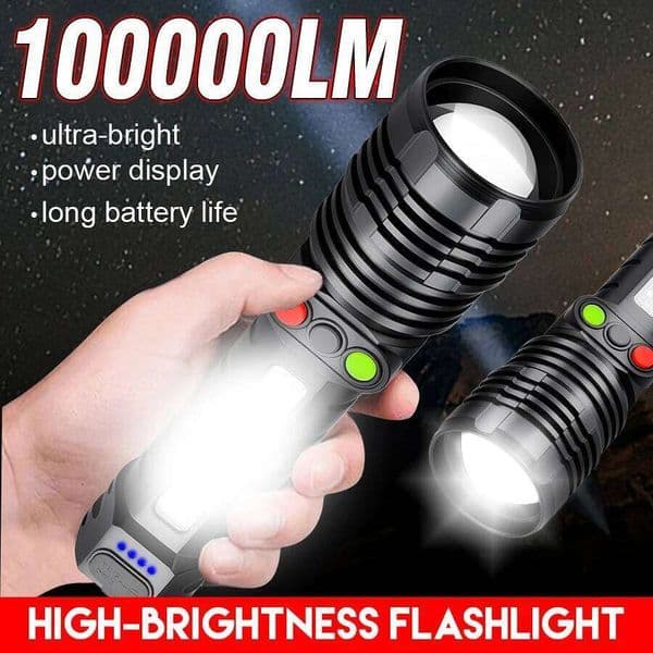 Rechargeable LED Flashlight, 3 LED+COB Zoom Torch w/ Red&Blue Warning Side Lights Tactical Lamp for Camping Emergency X260120