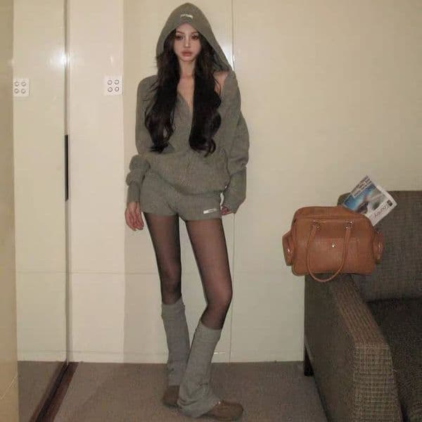 Winter Knitted Straight Shorts Casual Suit Retro Lazy Hooded Long-sleeved Sweater Jacket Women's Autumn Gray Two-piece Set