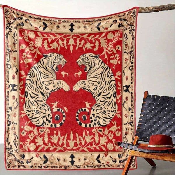 Vintage Print Flannel Throw Blanket - Soft Warm Cozy All-Season Red & Black Tiger Design with Beige Background, Contempora W260120
