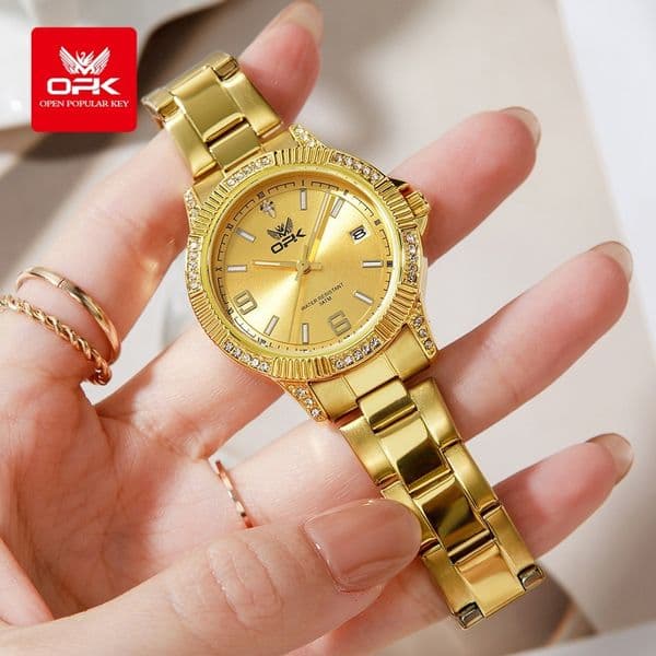 OPK brand new outer ring diamond inlaid single calendar men's watch night light waterproof women's fashion quartz watch luxury couple watch