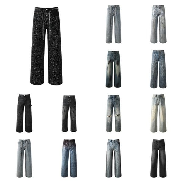 Baggy Stitching Diamond Designer Jeans For Mens High-End Quality Straight Blue Retro Streetwear Casual Sweatpants Joggers Pant Eur Size 28-40