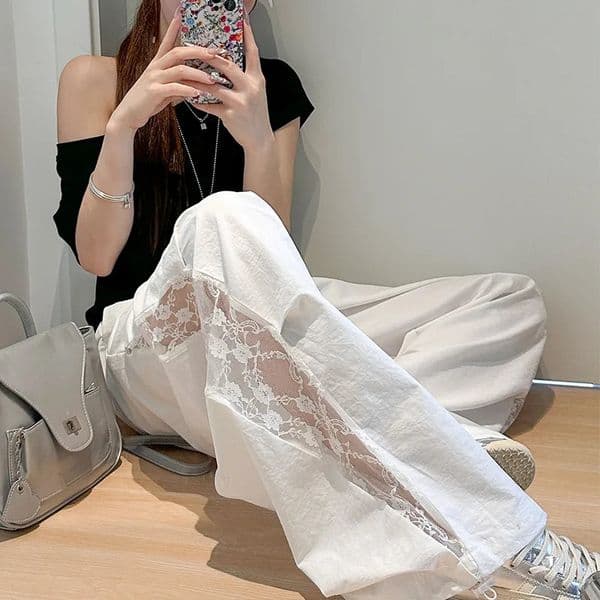 Lace Panel Sports Pants Women Summer Casual High Waist Loose Parachute Pants Wide Leg 260119