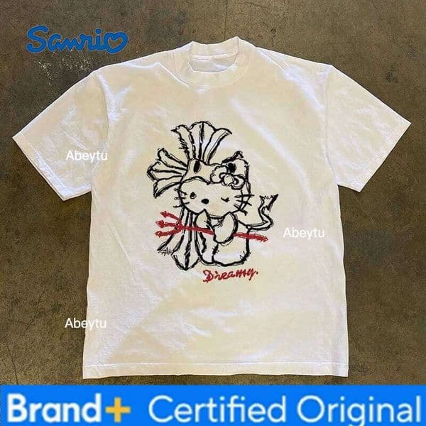 Sanrio Hello Kitty Series Funny Print Cotton T-Shirt Summer Cartoon Graphic Women's T-shirts Crew Neck Fashion Loose Casual Top H260120