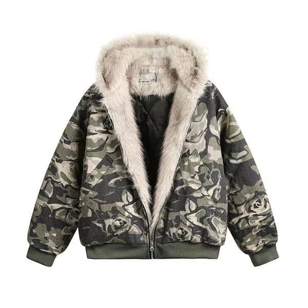 American Fashion Camouflage Fur Collar Thick Velvet Jacket Y2K Punk Wind Rock Baggy Hooded Couple Sports Coats 251222
