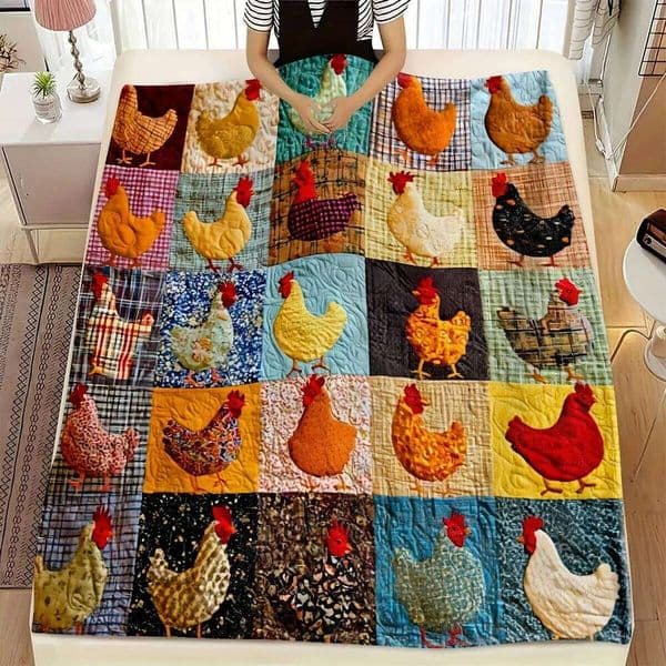 VIKAMA Hen Patchwork Blanket With Fun Words Soft And Skin Friendly Without Shedding Hair Rural Style Decoration W260120