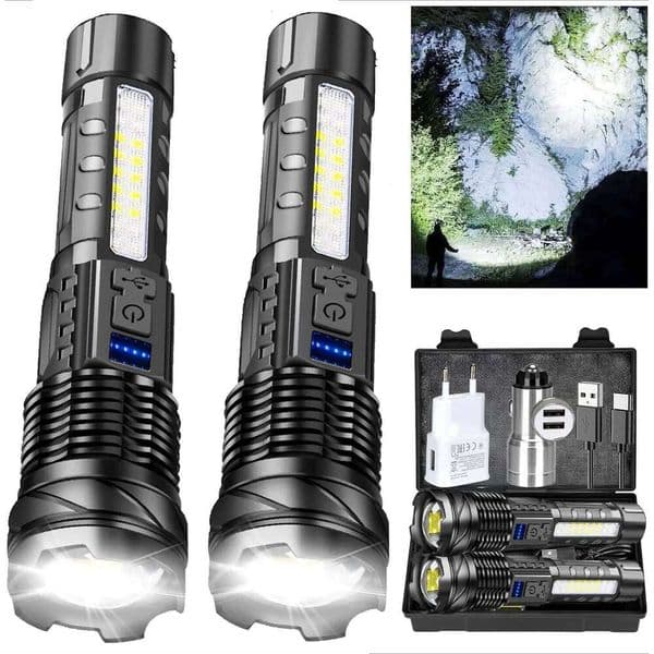 Powerful LED Flashlight Type C Rechargeable Waterproof Torch with Side Light 7 Modes Zoomable Lamp for Camping Fishing Lantern X260120