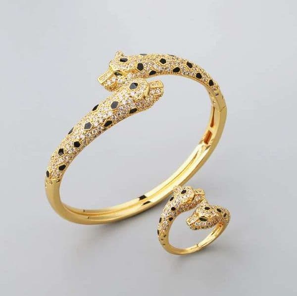 For Women Designer Luxury Trendy Internet Celebrity Spot Full Diamond Double Leopard Head Bracelet Ring High-end Fashion Jewelry