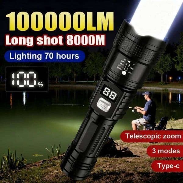 100000LM Super Bright Flashlight Rechargeable LED Torch Long Range Tactical Lamp for Outdoor Waterproof Camping Fishing Lantern X260120