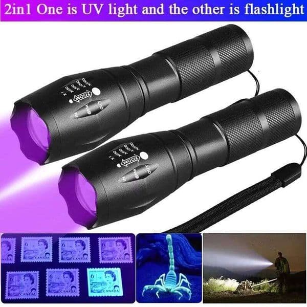 2 IN 1 UV Purple White Dual Light 395nm Ultraviolet Torch Zoom Flashlight Detection Lighting Lamp for Pet Stains X260120