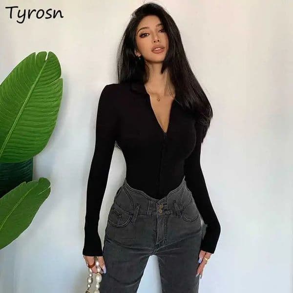 Skinny Lapel T-shirts Women Zipper Tops Sexy European Fashion Long Sleeve Inside Basic Pure Color Streetwear Hipster 260120BJ