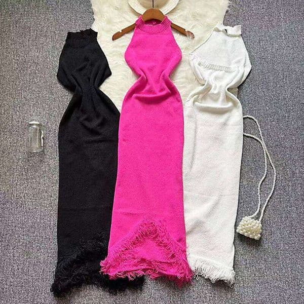 New Knit See Through Women Dress Irregular Backless Sleeveless Halter Sexy Tassel Hem Clubwear Stretch Hipster Party Vestidos