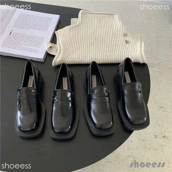 2026 2026 Spring New British Thick-Soled Women's Loafers Shiny Square Toe Deep Mouth Black Leather Shoes for Women
