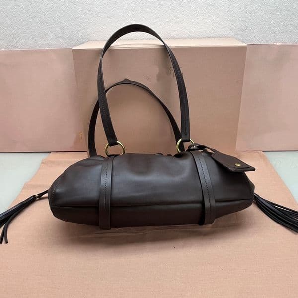 2026 Women's Brown Leather Drawstring Tote Bag, Tassel Detail Gold Hardware Dual Handle, Slouchy for Daily Date Casual, Multi-Color, Water-Resistant Lining Fee