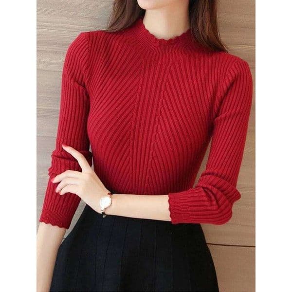 2026 Autumn Mock Neck Ruffles Long Sleeve Knitted Bottoming Solid Pullovers Stripe Women Casual Sweater Winter