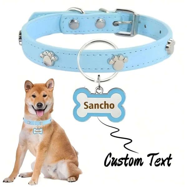 Customized Leather Dog Collar With Bone-Shaped Tag, Double-Sided Engraved Pet Name And Phone, Metal Decoration Anti-Lost Foo 26W01121