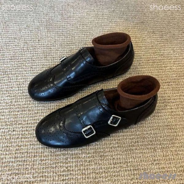 2026 With Box Belt Buckle Retro British Style Women's Loafers Genuine Versatile Brogue Carved Flat Leather Shoes