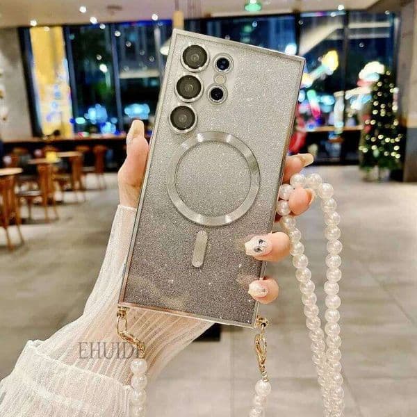 Case For Samsung Galaxy S24 FE S25 S23 Ultra S21 S20 S22 Plus Magnetic Pearl Crossbody Cord Lanyard Strap Glitter Cover Z260121