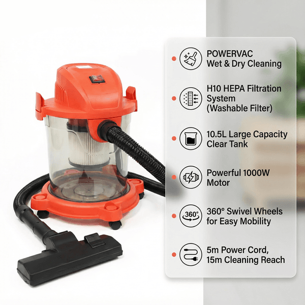1000W Wet Dry Blow 3-in-1 Canister Vacuum Cleaner, 10.5L Large Capacity, H10 HEPA Filtration