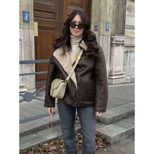 HH Women Casual Faux Leather Fleece Coats Vintage Solid Single Breasted Lapel Long Sleeve Jacket With Pockets Fashion Streetwear