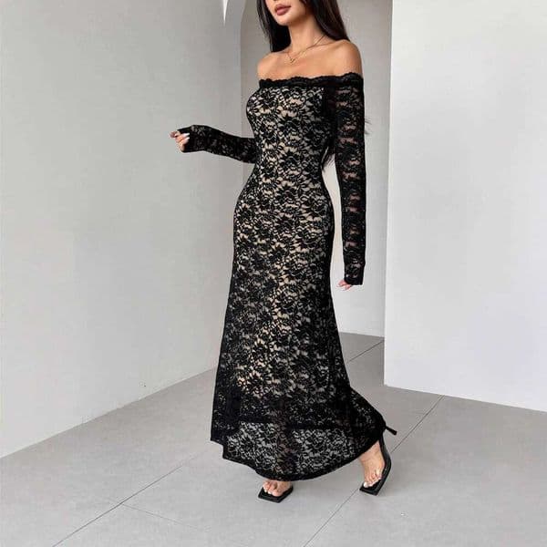 Women's Black Lace Off-Shoulder Maxi Dress Spring Summer Long Sleeve Bodycon Formal Gown Elegant Evening Outfit Dating & Events C260121